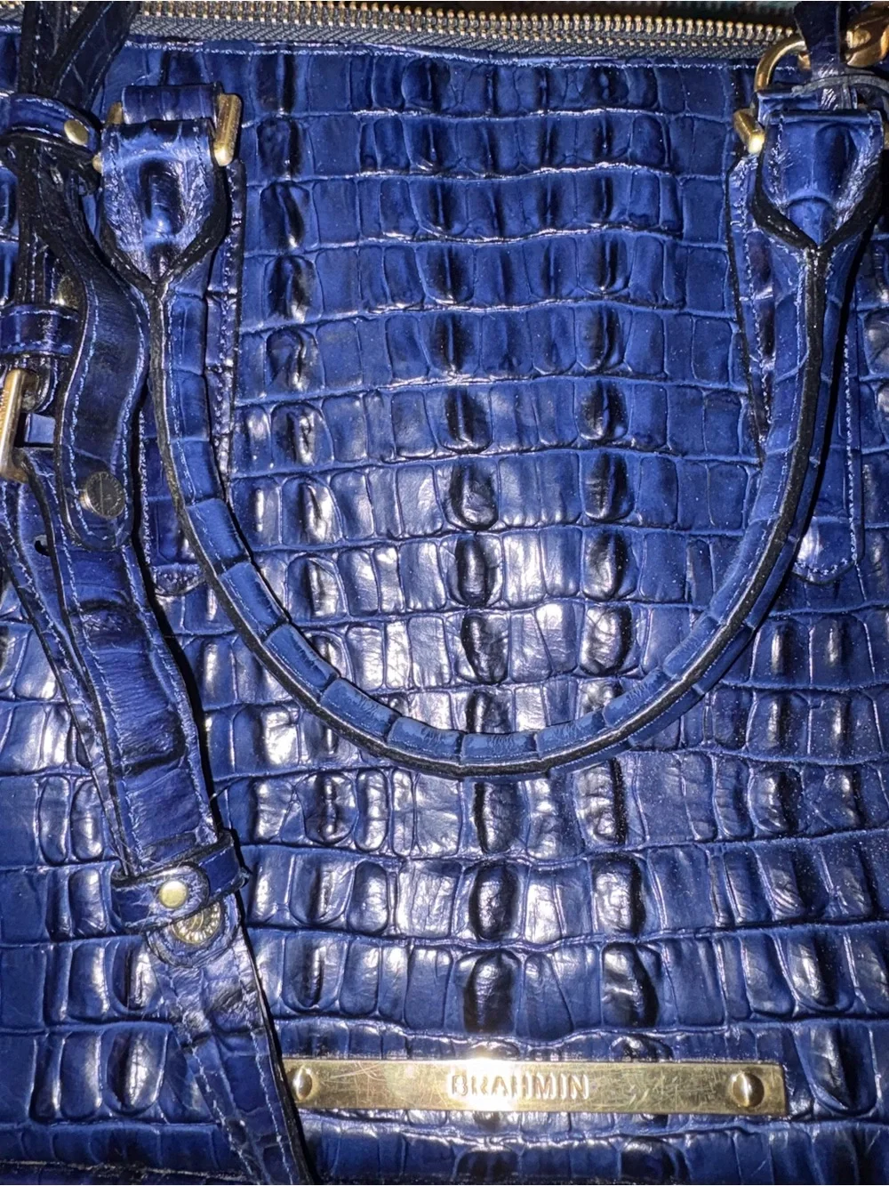 Brahmin Navy Croc-Embossed Satchel with Gold Hardware